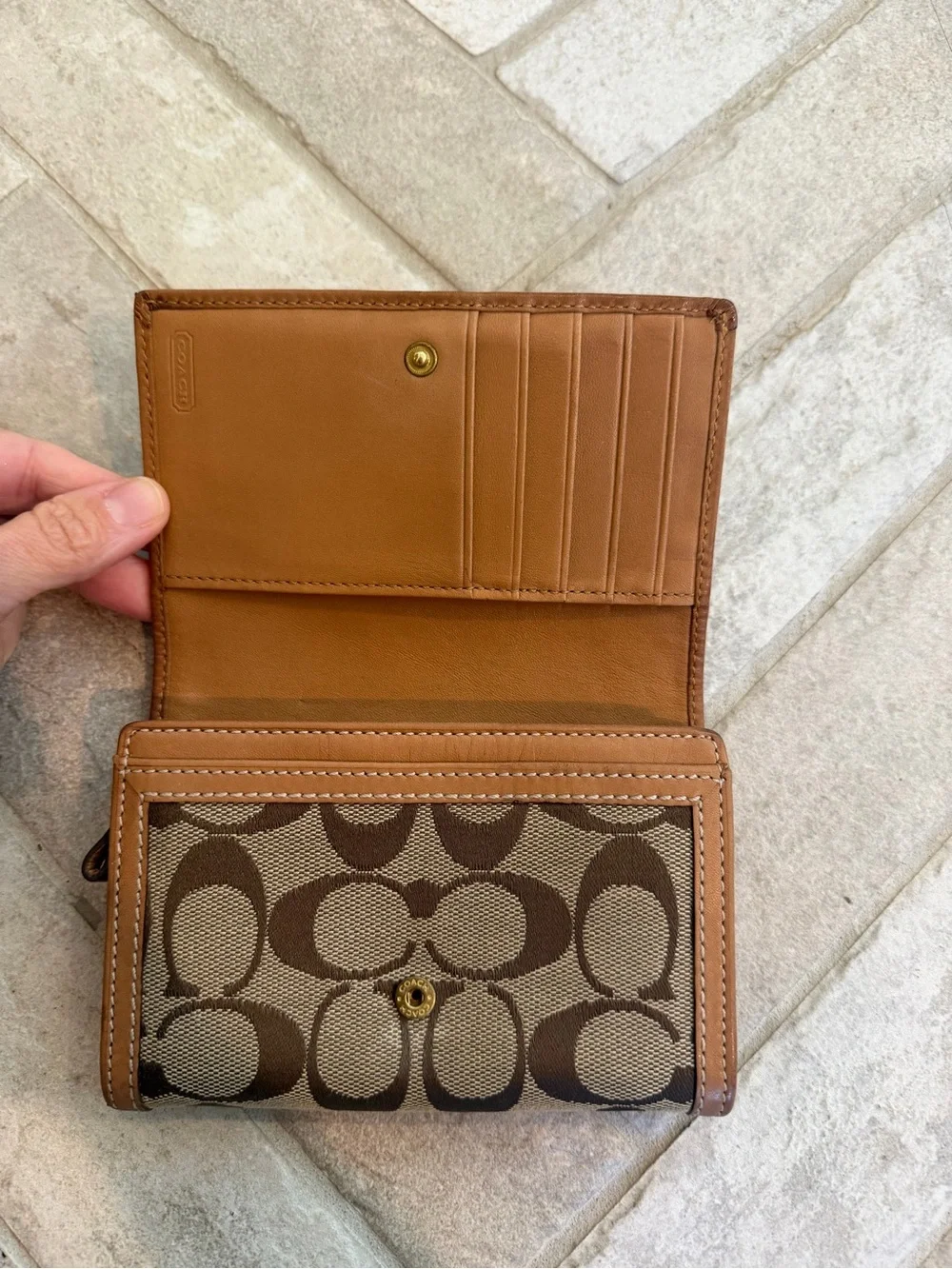 Vintage Y2K Coach Signature Jacquard Leather Bifold Wallet Brown Tan